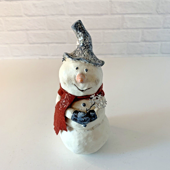 Kevin Smith Snowman Figure Folk Art Black Hat Scarf Snowflake Wand Glittered 6” - Picture 9 of 9